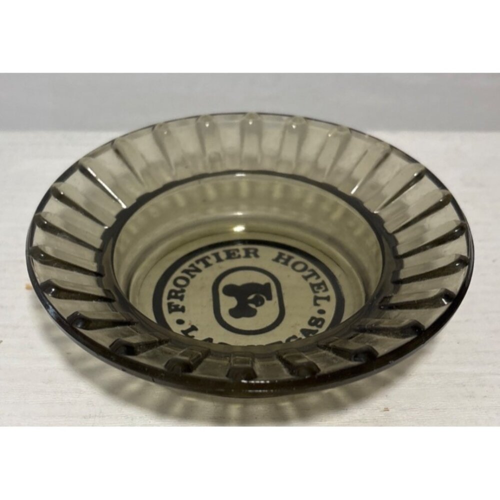 Las Vegas Ashtray Frontier Hotel Vintage Smoky Glass Ribbed Design 4.5"
